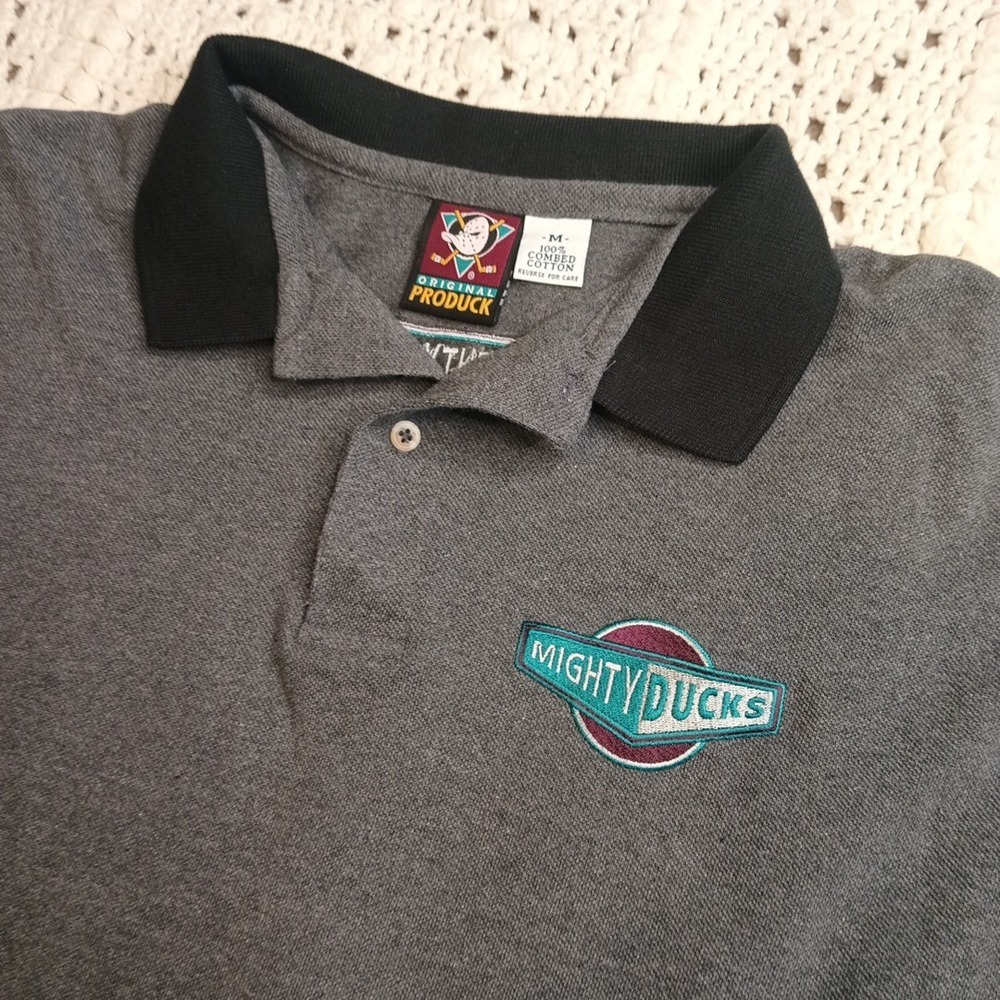Vtg Anaheim Mighty Ducks Polo Mens M Long Sleeve Shirt NHL 90s USA Made Retro